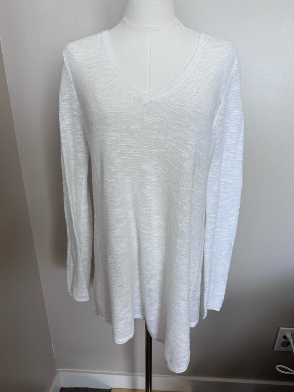 Eileen Fisher White Linen Cotton Blend Lightweight V-Neck Sweater S Resortwear